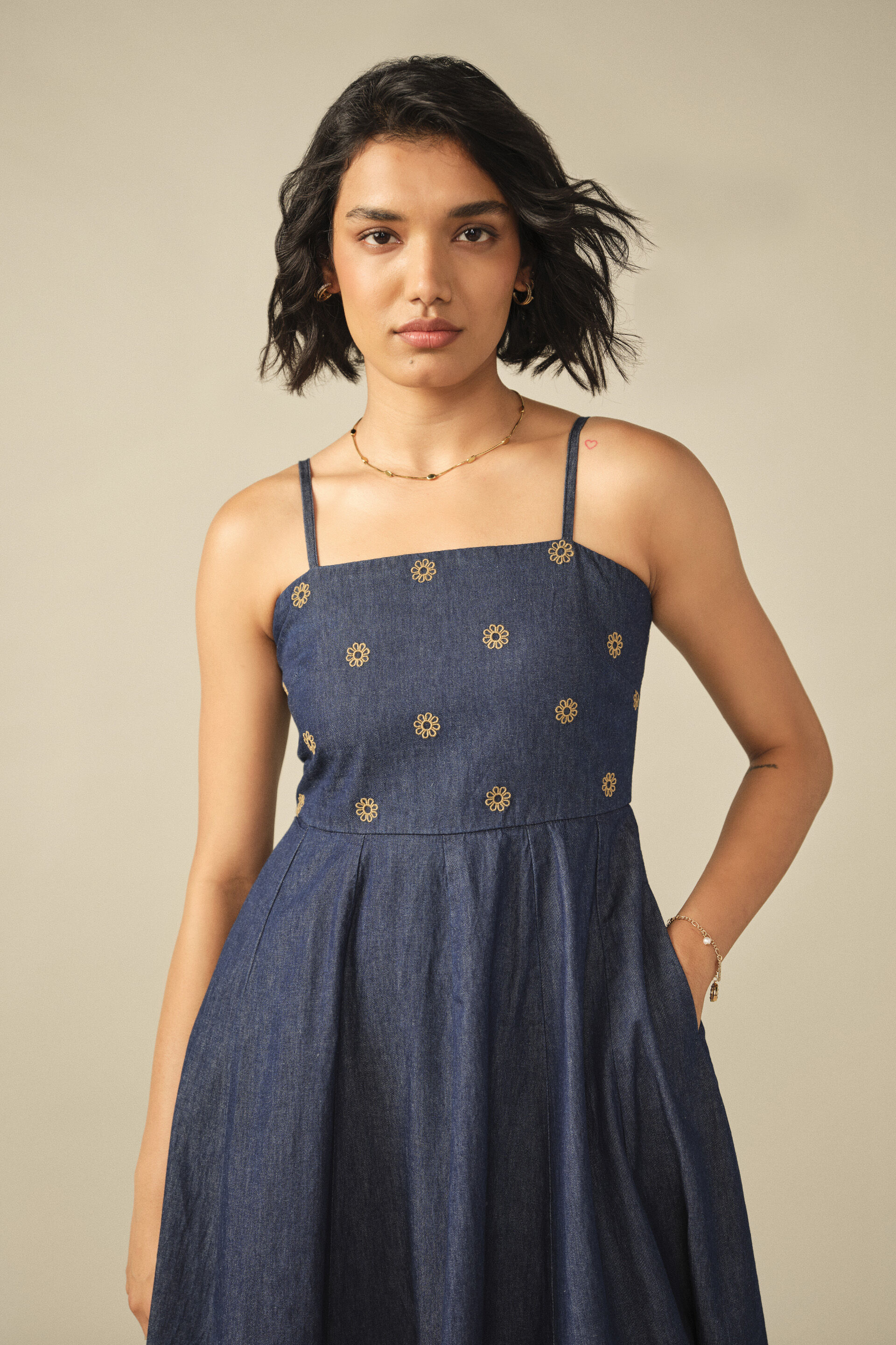 Fit & Flare Embroidered Dress in Denim Blue, Denim, image 5